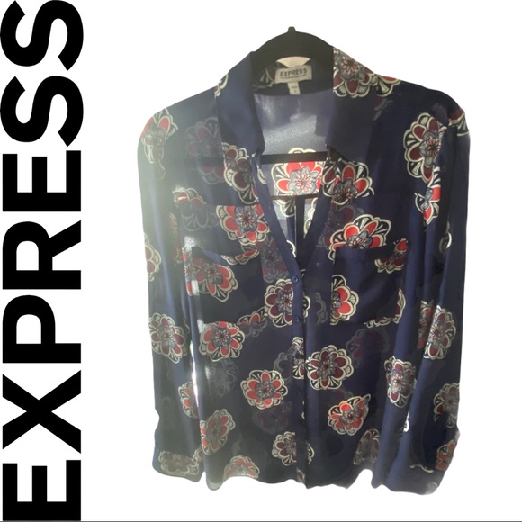 Pre-owned Express Portofino Floral Button Up Blouse L - Picture 4 of 6